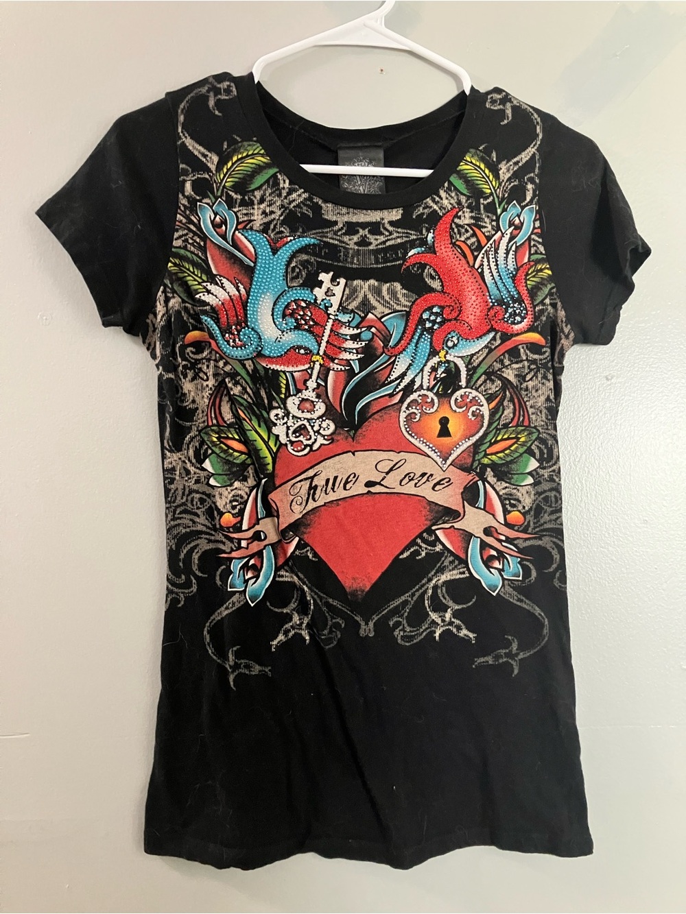 Vocal Black Tee with Red Heart and Blue/Teal Birds